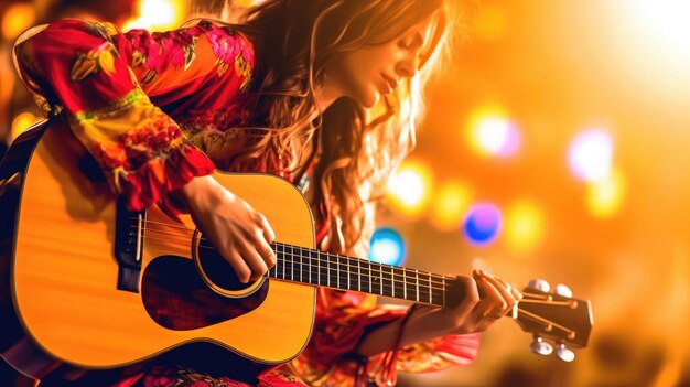 Una donna che suona una chitarra su un palco