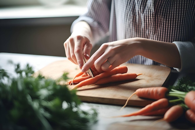 Una donna che taglia le carote su un tagliere