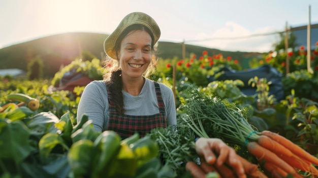 Una donna che tiene con gioia un mucchio di carote vibranti in un campo illuminato dal sole