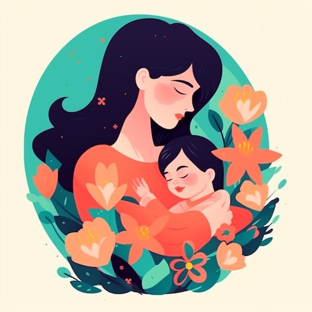 Una donna che tiene in braccio un bambino circondato da fiori generativi ai