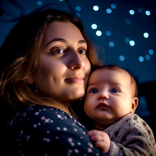 Una donna che tiene in braccio un bambino e guarda la telecamera