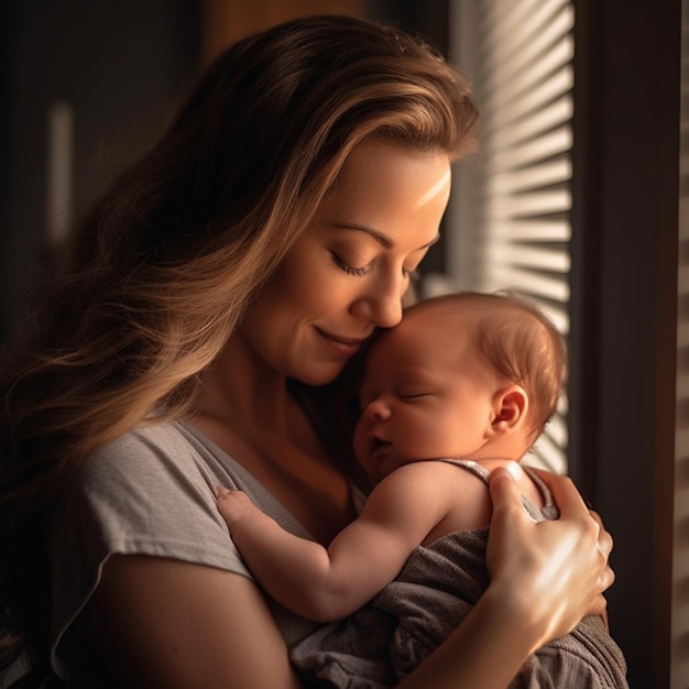 Una donna che tiene in braccio un bambino e indossa una camicia grigia.