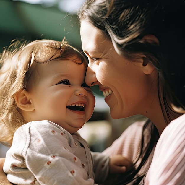 Una donna che tiene in braccio un bambino e sorride con la parola baby sul petto