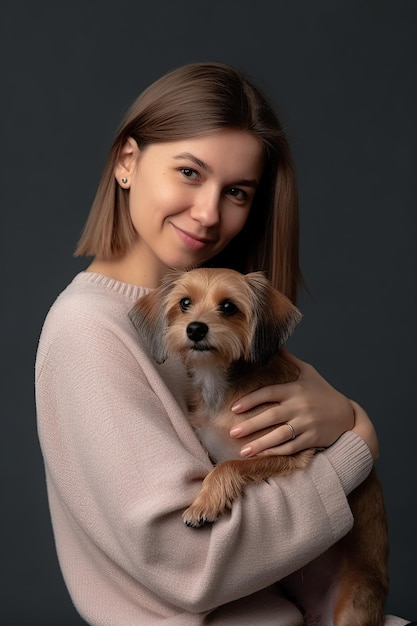 Una donna che tiene in braccio un piccolo cane e uno sfondo scuro per studio