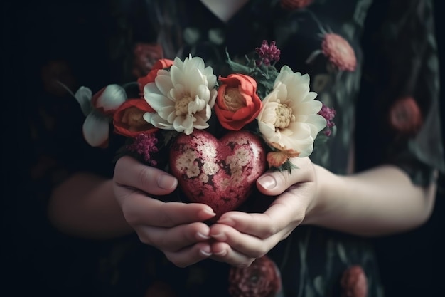 Una donna che tiene in mano un cuore con dei fiori IA generativa