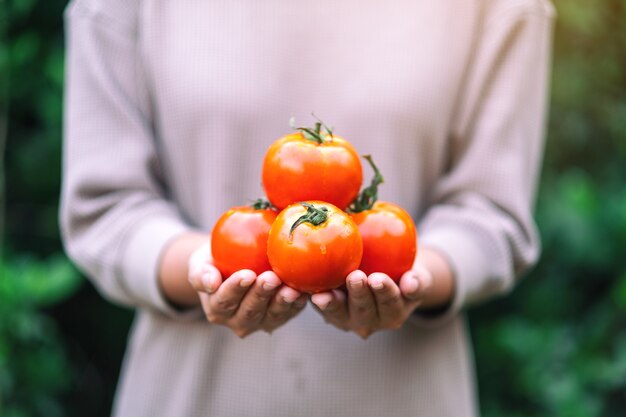 Una donna che tiene in mano un pomodoro fresco