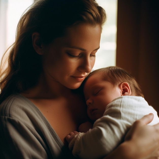 Una donna che tiene un bambino con un bambino che dorme sul suo petto.