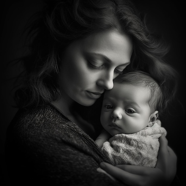 Una donna che tiene un bambino con uno sfondo nero