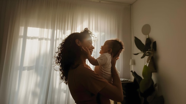 una donna che tiene un bambino e una finestra con il sole che splende attraverso le tende