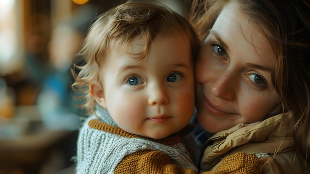 Una donna che tiene un bambino i loro occhi chiusi entrambi condividendo un sorriso felice