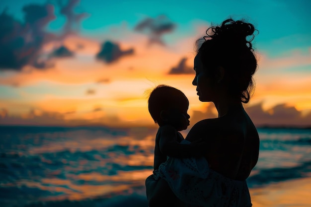 Una donna che tiene un bambino su una spiaggia al tramonto