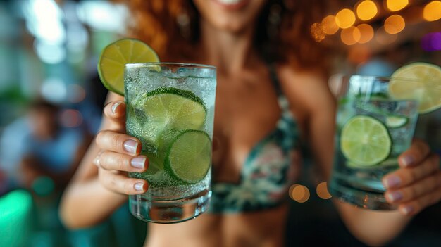 una donna che tiene un bicchiere d'acqua con lime e una bevanda