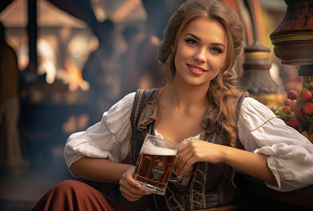 una donna che tiene un bicchiere di birra durante l'oktoberfest germania foto