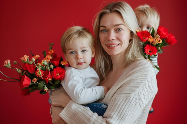 una donna che tiene un bouquet di fiori con un bambino e un bambino