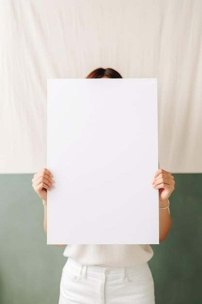 Una donna che tiene un cartello bianco di fronte al suo mockup di faccia per il progetto d'arte immagine digitale