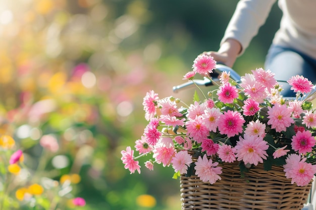 una donna che tiene un cesto di fiori con una mano che tiene un fiore