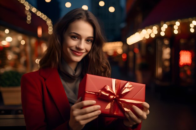 Una donna che tiene un contenitore di regalo con il fondo del regalo di Natale del nastro