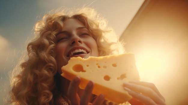 una donna che tiene un pezzo di formaggio davanti al viso