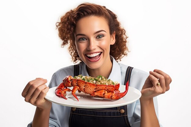 una donna che tiene un piatto di aragoste e un piato di cibo