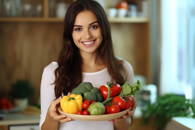 Una donna che tiene una ciotola di verdure in una cucina