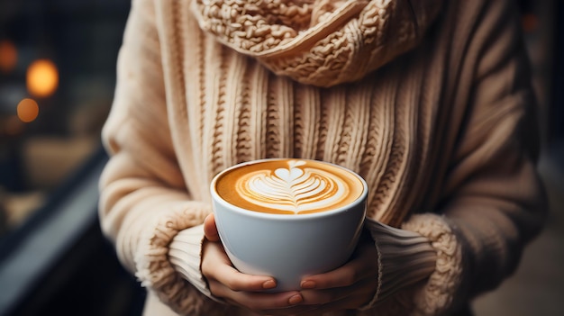 una donna che tiene una tazza di caffè con un cuore disegnato in cima