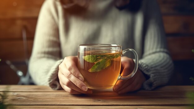 Una donna che tiene una tazza di tè con sopra una foglia di menta.