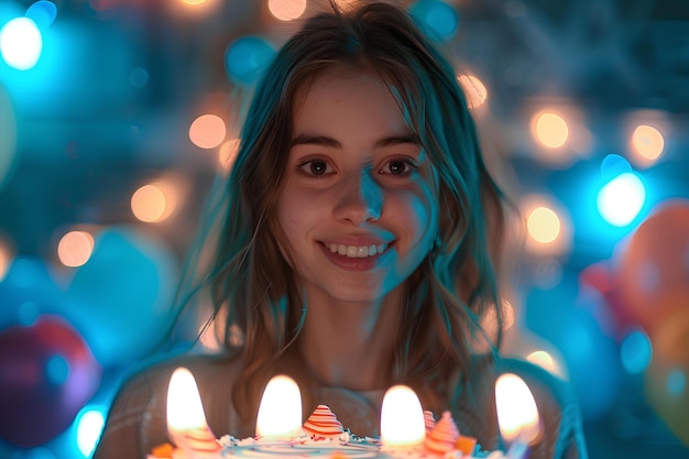 Una donna che tiene una torta di compleanno con candele accese davanti a uno sfondo blu con palloncini