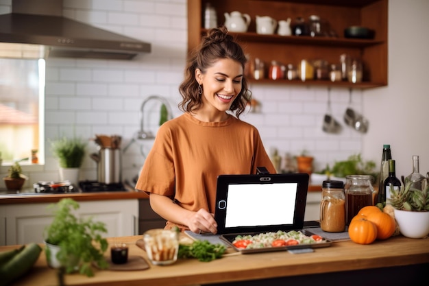 una donna che trasmette in diretta uno spettacolo di cucina dalla sua cucina usando un tablet