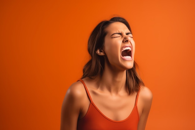 una donna che urla su uno sfondo arancione