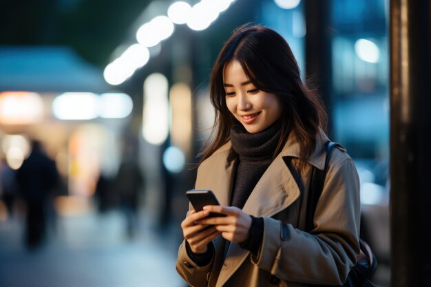 Una donna che usa uno smartphone nello spazio vuoto della città IA generativa