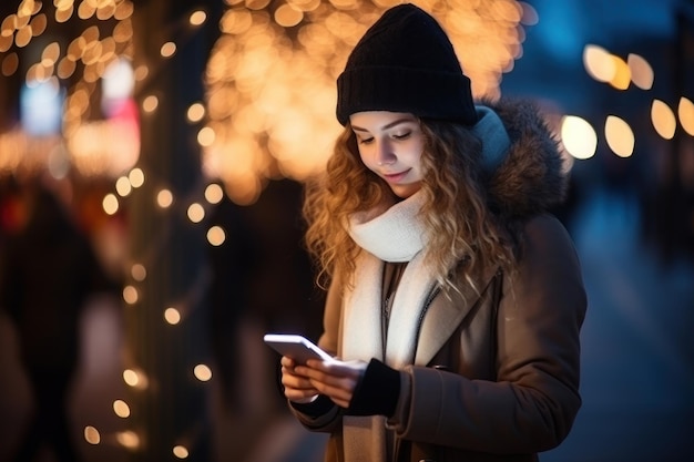 Una donna che usa uno smartphone nello spazio vuoto della città IA generativa