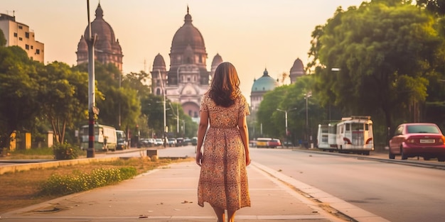 Una donna che viaggia da sola vaga per un tour estivo con abiti casual estivi camminando in Asia