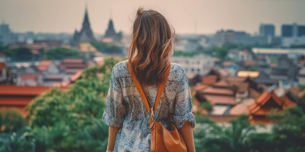 Una donna che viaggia da sola vaga per un tour estivo con abiti casual estivi camminando in Asia