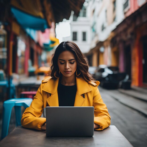 Una donna colombiana che lavora su un laptop in un vivace ambiente urbano