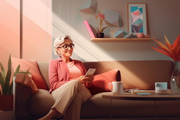Una donna comodamente seduta su un divano usando un tablet godendo della comodità della tecnologia moderna nel comfort della sua casa Una donna di mezza età sorridente seduta sul divano a casa Generata dall'IA