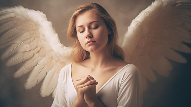 Una donna con ali d'angelo bianche prega in preghiera.