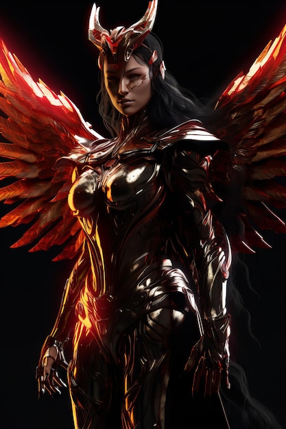 Una donna con ali e ali si trova davanti a uno sfondo nero.