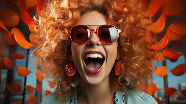 una donna con capelli rossi ricci e occhiali da sole rossi