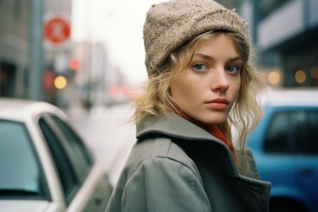 una donna con cappello e cappotto in piedi davanti a un'auto