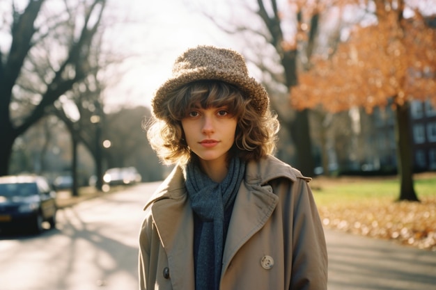 una donna con cappello e cappotto in piedi su una strada