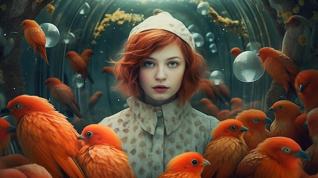 Una donna con cappello e giacca si trova di fronte a un gruppo di uccelli.
