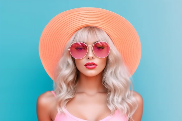Una donna con cappello rosa e occhiali da sole si trova davanti a uno sfondo blu.