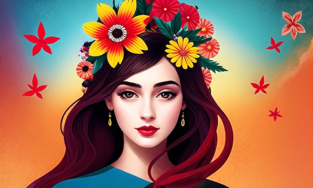 Una donna con dei fiori in testa
