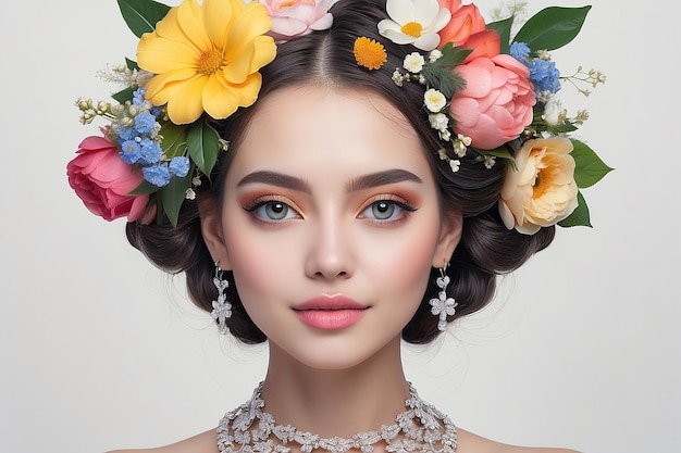 Una donna con dei fiori nei capelli e una collana generativa ai