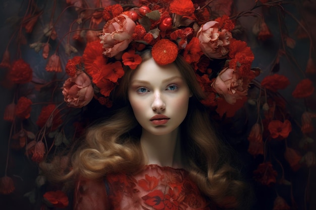 Una donna con dei fiori rossi in testa