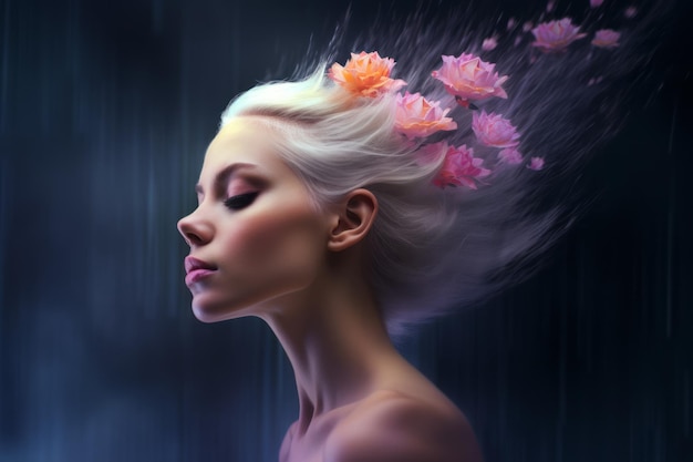 Una donna con dei fiori tra i capelli