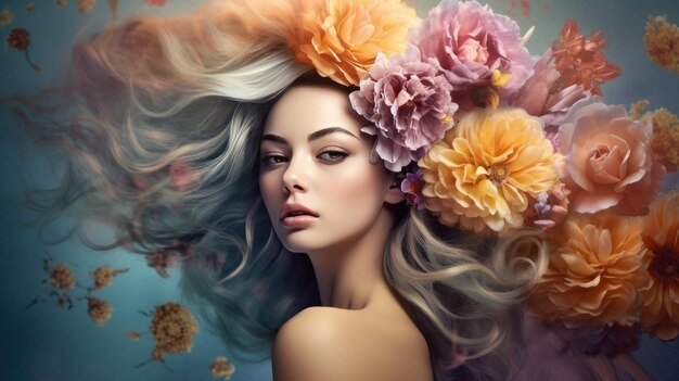 Una donna con dei fiori tra i capelli