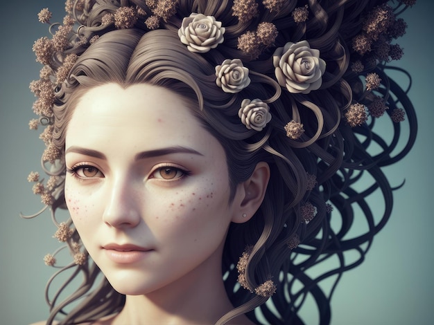 Una donna con dei fiori tra i capelli