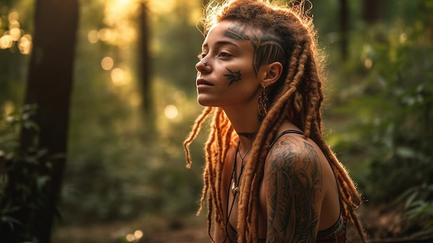 Una donna con dreadlocks e tatuaggi siede in una foresta