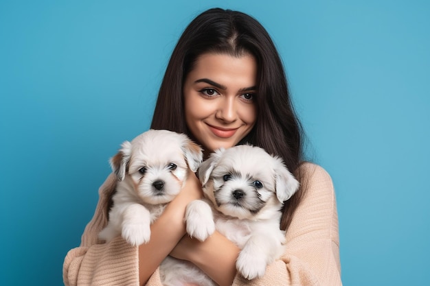 Una donna con due cuccioli su uno sfondo blu